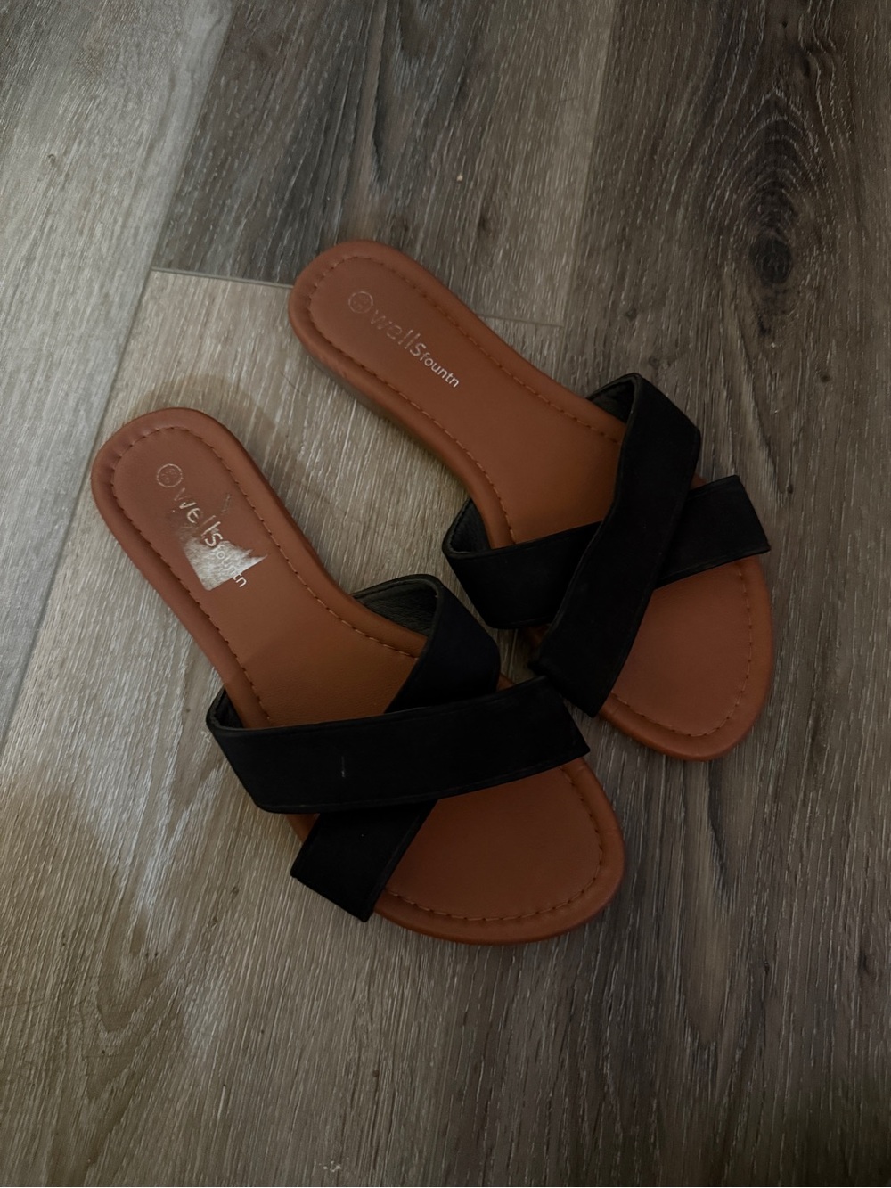 Women’s Black Crisscross Slide Sandals with Tan Footbed